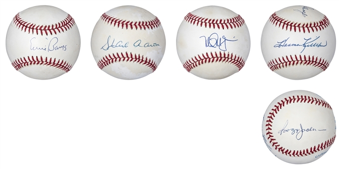 Lot of (4) 500 Home Run Club Single/Multi Signed Baseballs With 5 Total Signatures: Banks, Killebrew, Jackson, Aaron & McGwire (Beckett)